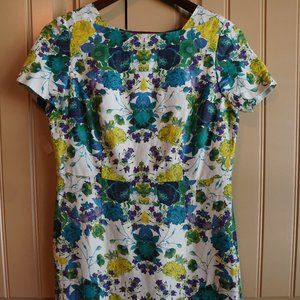 Talbots Floral Print Short Sleeve Linen Blend Sheath Dress Size 8P Blue